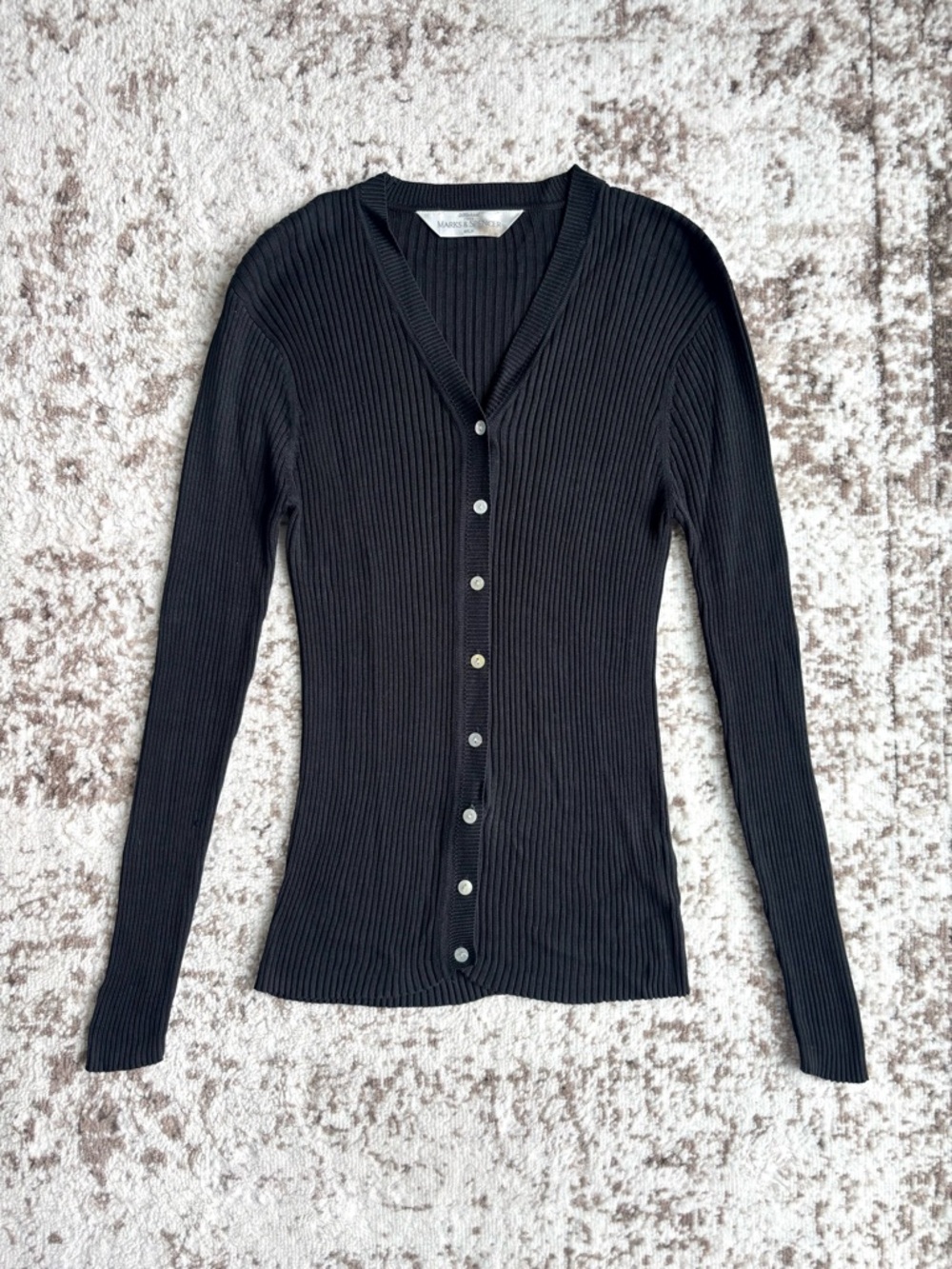 Vintage 90s 100% Silk Marks & Spencer Ribbed Button-Down Black V-Neck Cardigan